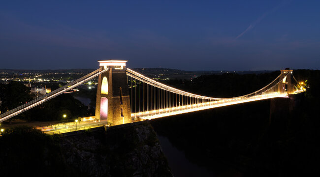 UK, England, Bristol, Clifton suspension bridge panorama at dusk