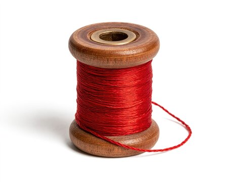 Wooden spool with red thread, close-up view.