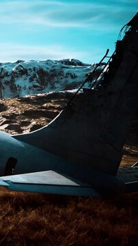 A wrecked plane is resting on a grassy area surrounded by mountains. Snow covers the peaks in the background. Bright sunlight shines on the scene.
