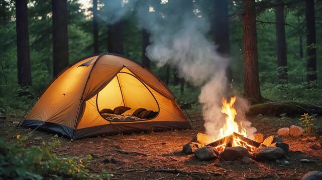 Illuminated orange camping tent beside crackling forest campfire during dark evening cinematic motion.