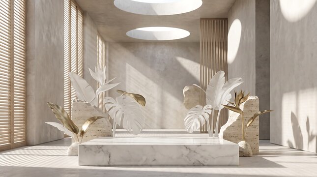 Modern minimalist interior with white marble rectangular podium, tropical leaves, natural stones, and bright skylight.