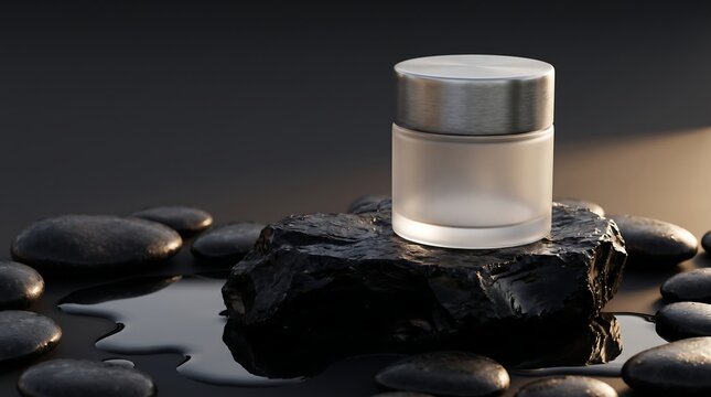 Frosted glass cosmetic jar with silver lid on rough black rock surrounded by smooth wet pebbles and reflective dark surface.