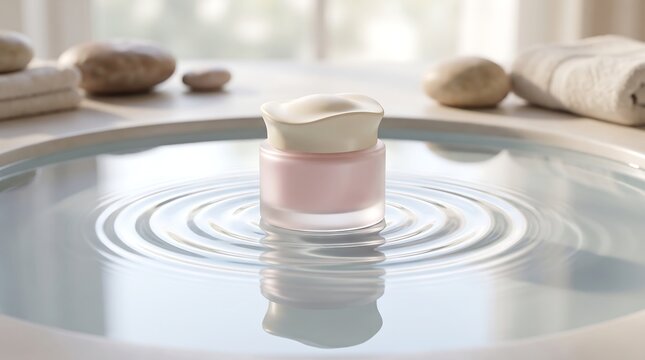 Cosmetic product in a pink frosted glass jar with a cream-colored lid shaped like a petal sits gracefully on water surface with ripples.