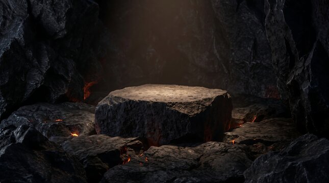 Dark, rough-hewn stone pedestal rises from a bed of volcanic rocks, illuminated by a warm glow from above and fiery embers below.