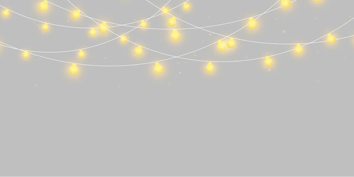 Christmas lights isolated on transparent background. Set of golden Christmas glowing garlands with sparks. For congratulations, invitations and advertising design. Vector	

