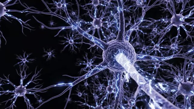 Neural network connections expanding in high tech 3d visualization with dynamic lighting with highlighting detailed synaptic pathways cellular interactions futuristic