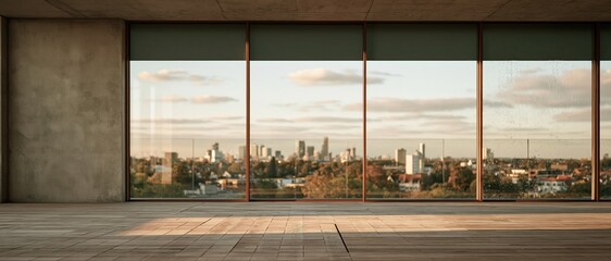 Fototapeta premium Empty balcony terrace with weathered plank decking and a wide glass wall overlooking a coastal city skyline at sunset for luxury real estate marketing