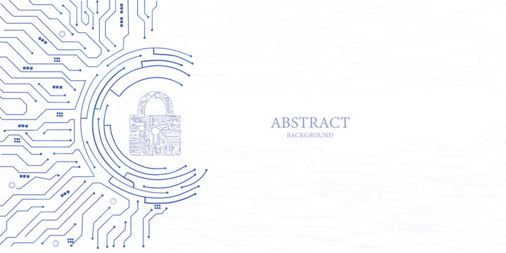 Minimalist digital security background with white and blue lines featuring padlock for cyber data safety concepts.