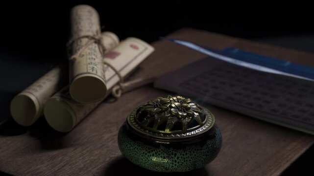 Traditional Chinese calligraphy scrolls and incense burner on dark wooden table