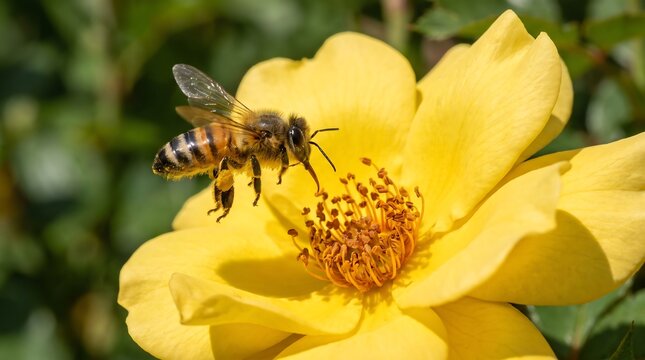 Honey bee flying near yellow flower, macro photography of honeybee pollinating blossom, garden insect in flight