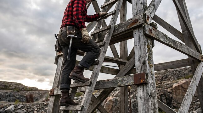 Rugged carpenter climbing wooden ladder on construction site, worker in flannel shirt with tool belt, rustic timber frame structure