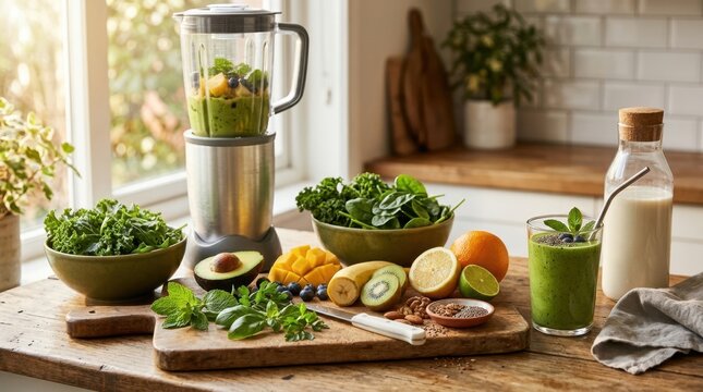 Fresh ingredients for a healthy green smoothie are prepared on a wooden counter