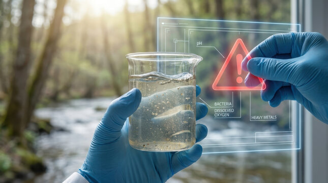 Gloved hand holding beaker with river water near warning symbol, environmental testing concept, bacterial analysis, dissolved oxygen and heavy metal monitoring outdoors