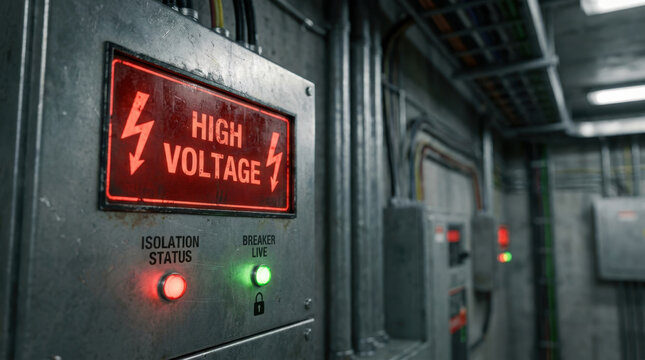 High voltage warning panel with illuminated isolation status and breaker indicator in industrial electrical room