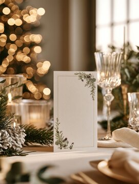 elegant blank card mockup placed on a festive Christmas dinner table setup with glowing holiday tree bokeh lights, pine branches, pinecones, crystal wine glasses, and warm cozy winter lighting