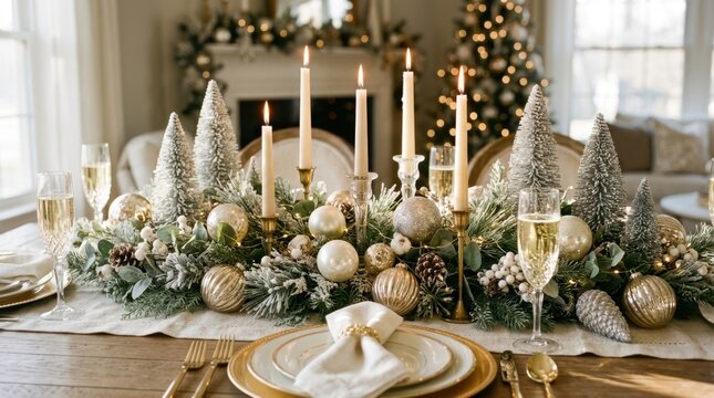 Elegant Christmas dining table setting with festive centerpiece and champagne