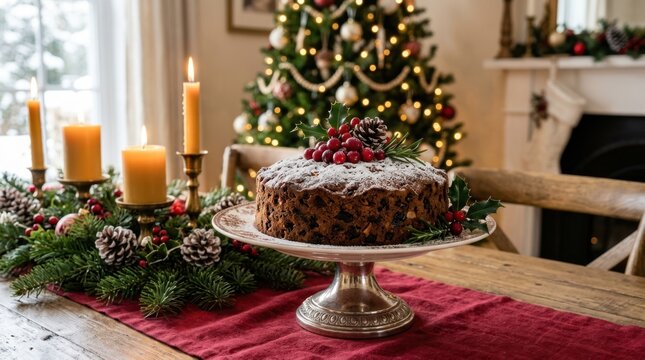 Festive Christmas cake with decorations and a lit tree in the background