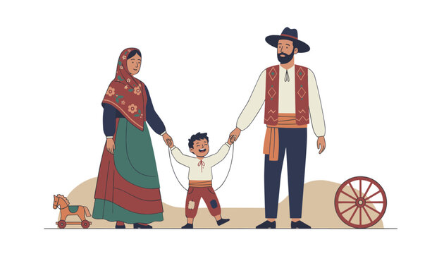 Family in traditional historic peasant clothing holding hands and walking together with a toy horse and wagon wheel.