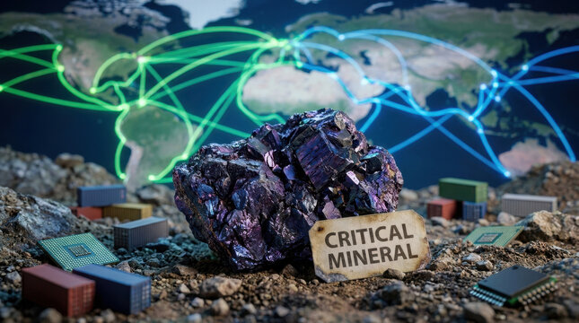 Rare earth supplies support global technology as critical mineral rests among shipping container and electronic circuit component against illuminated world map with connection