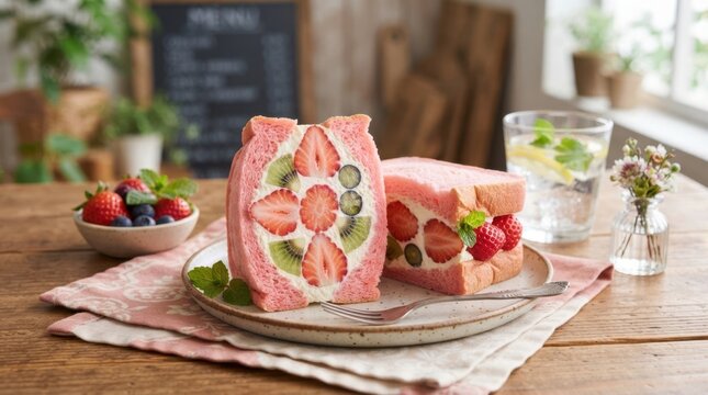 Delicious fruit sandwich with strawberries and kiwi on pink bread