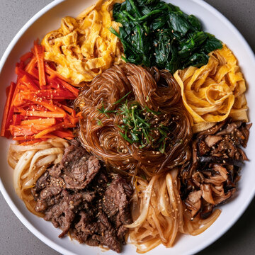 traditional Korean japchae dish served in a large white bowl, featuring stir fried glass noodles, seasoned beef strips, shredded egg crepe, spinach, carrots, mushrooms, and sesame seeds topping