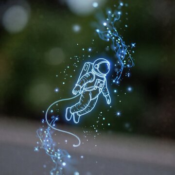 Astronaut illustration floating in space with glowing stars and swirls  