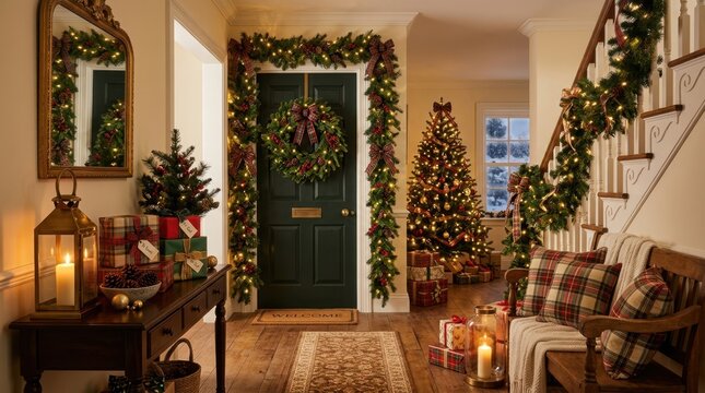 Cozy Christmas entryway with decorated tree, gifts, and festive garland