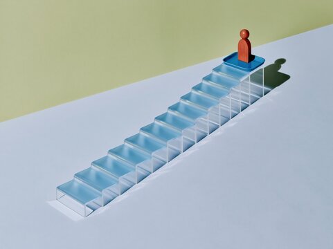 Acrylic steps leading to a wooden person token on a blue platform, featuring a clean, high-key aesthetic for recruitment and progress concepts