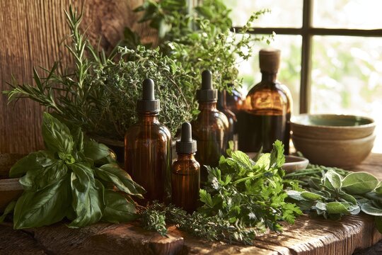 Assorted garden herbs and essential carrier oils for aromatherapy and home wellness