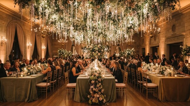 Elegant wedding reception with guests seated at long tables adorned with flowers
