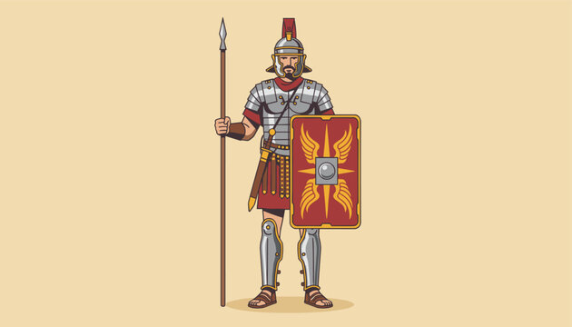 Roman legionary soldier in detailed historic armor stands with a sharp spear and a beautifully decorated shield.