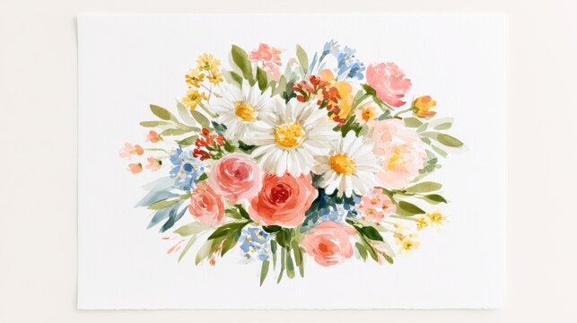 Watercolor illustration of summer flowers with a soft pastel bouquet