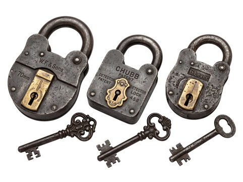 Vintage Brass Padlock Skeleton Keys isolated on black background representing security, old metal hardware, antique lock and key set, historical iron locks for protection, access, and safety concept.