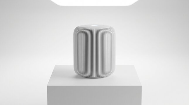 Modern white smart speaker standing on a pedestal representing minimalist home audio technology.