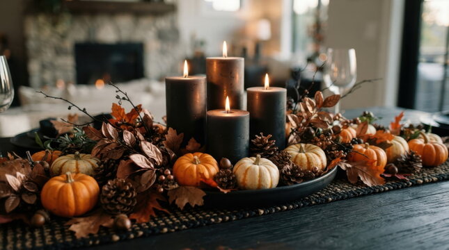 Elegant autumn centerpiece with pumpkins, candles, and fall foliage on a table