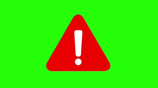 Animated red warning triangle with white exclamation mark symbol isolated on a green screen chroma key background, for digital alerts, safety notifications, and ui