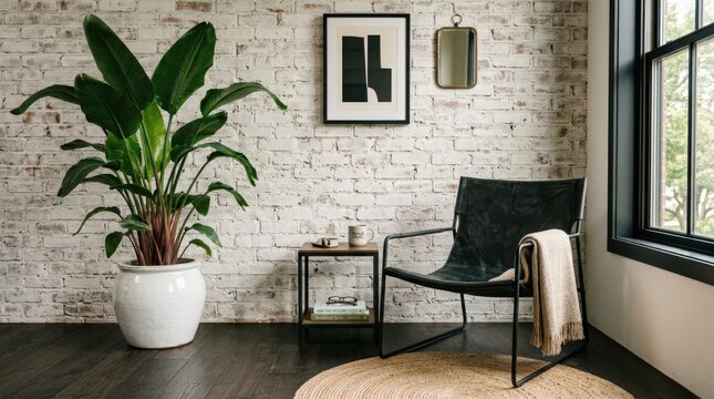 Modern living room corner with large potted plant and black leather chair
