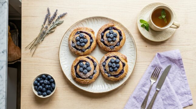 Delicious blueberry swirls and herbal tea set for a delightful breakfast