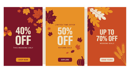 Naklejka premium Autumn leaf arrangements form a vibrant vector illustration for seasonal sales promotions and advertising fall foliage leaves maple