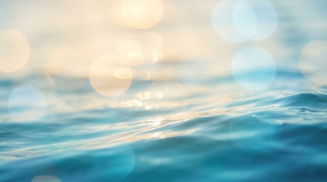Sun rays reflecting on blue ocean waves creating a soft golden bokeh background.