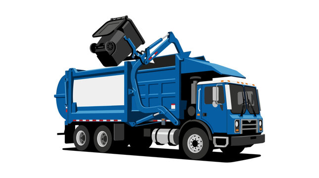 Blue garbage truck front loader vector illustration emptying a black trash bin into its top hopper, heavy duty commercial sanitation vehicle for waste management isolated on white.
