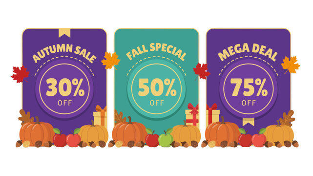 Three rectangular sale banners feature autumnal produce and discount percentages in a vector illustration autumn fall banner illustration