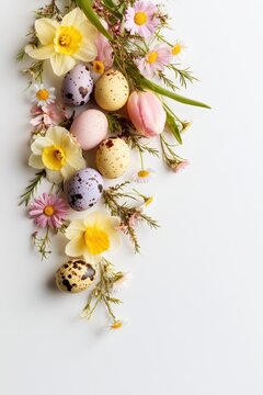 White background scene with pastel quail eggs and delicate blooms, ideal for holiday greeting visuals