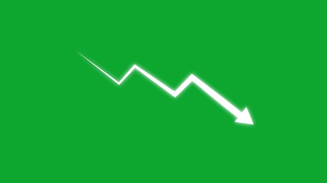 Animated white neon downward trend arrow graph symbol isolated on green screen background, for financial market, analysis, economic decline, business loss, recession, data visualization and 