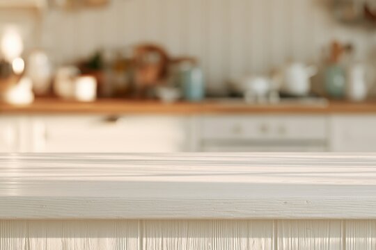 White wooden tabletop foreground with warm kitchen backdrop and natural lighting