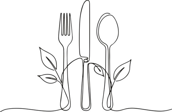 Continuous line drawing of fork, knife, spoon and leaves