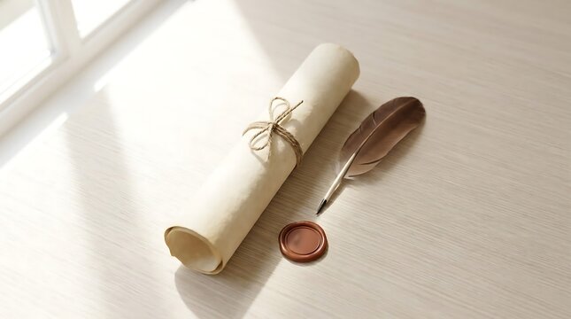 Vintage parchment scroll and quill pen on desk for constitution