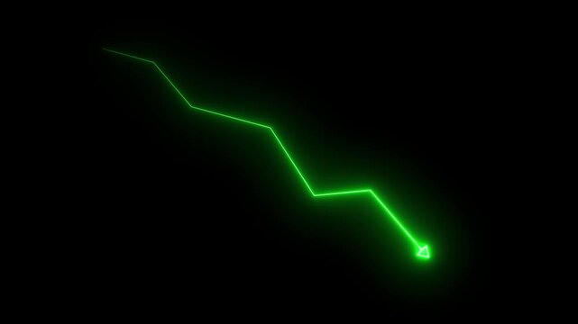 Animated neon green financial line graph showing market downtrend and economic decline with glowing arrow indicator on a deep black background, for business analytics, and data presentation