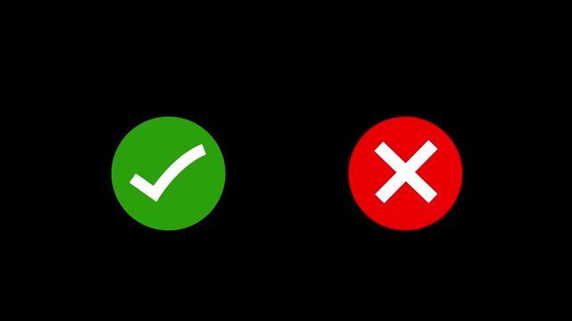 Animated green checkmark and red cross symbols set for user interface interactive feedback, validation success and failure status indicators, digital ui for apps and web projects