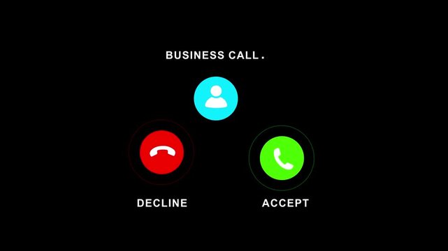 Digital incoming business call interface animation with animated accept and decline buttons on a minimalist black background, for corporate communication, and mobile technology presentations